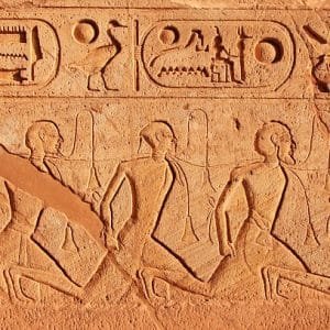 Ancient hieroglyphics on the wall of Great temple of Abu Simbel, Nubia, Egypt